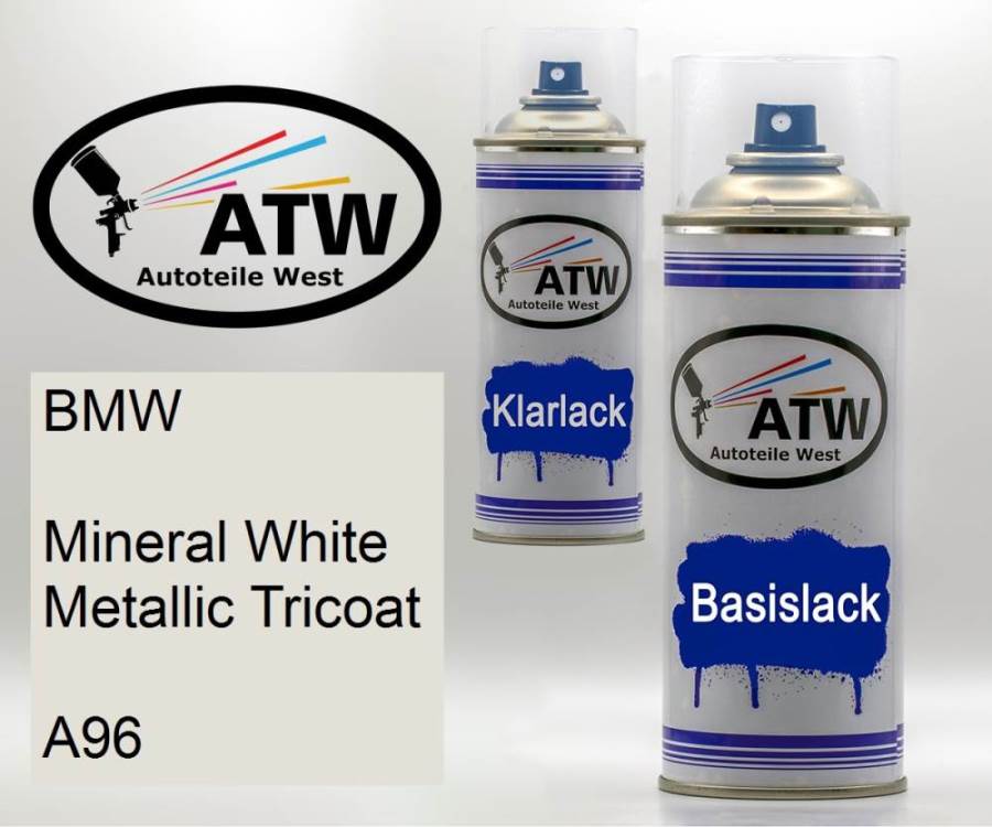 BMW, Mineral White Metallic Tricoat, A96: 400ml Sprühdose + 400ml Klarlack - Set, von ATW Autoteile West.